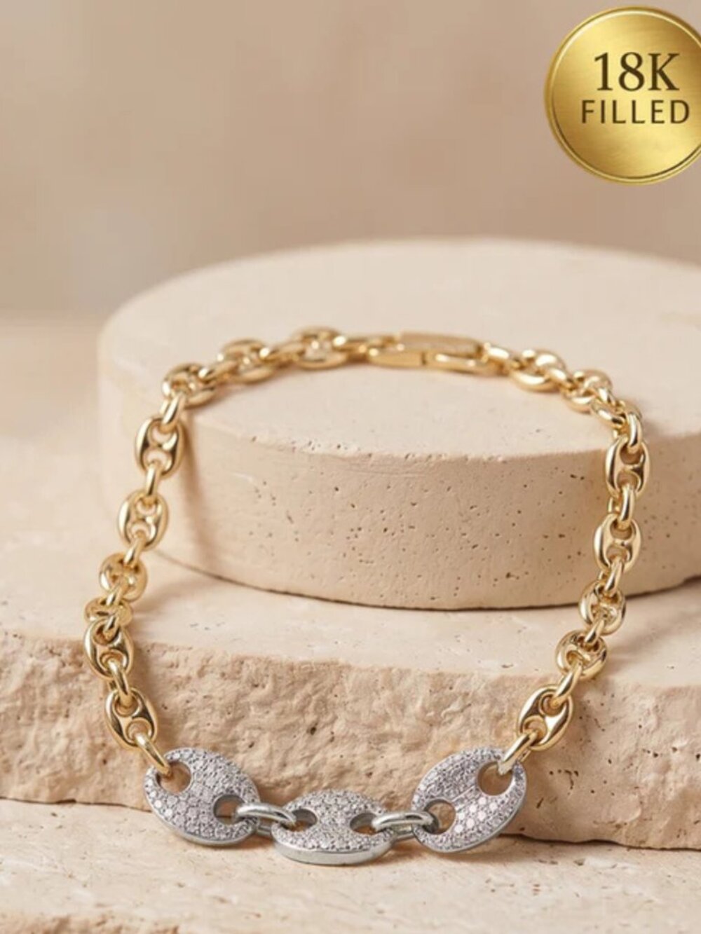 Two-Tone Pave Mariner Style Link 18K Gold Filled Bracelet - New Luxe Line - Picture 4 of 6